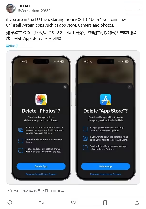 雁江苹果手机维修分享iOS 18.2 支持删除 App Store 应用商店 